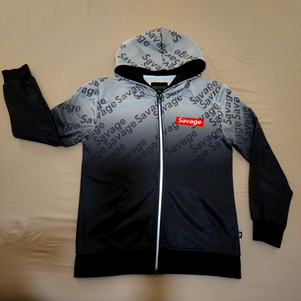 Encrypted "savage" boys zip-up light weight hoodie, size L (14/16)